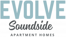Logo with blue and gray text reading “EVOLVE Soundside APARTMENT HOMES” on a white background.